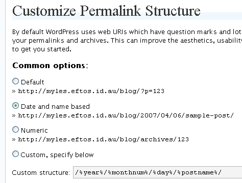 The WordPress permalink options